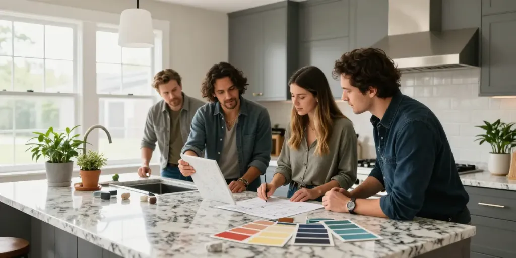 Custom countertop designers in Hamilton collaborating on a modern kitchen design.