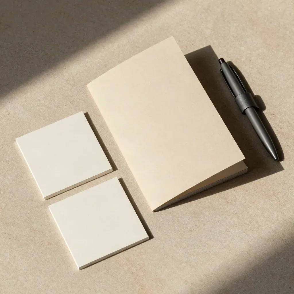 Overhead flatlay of investor booklet, note cards and pen case on warm stone.