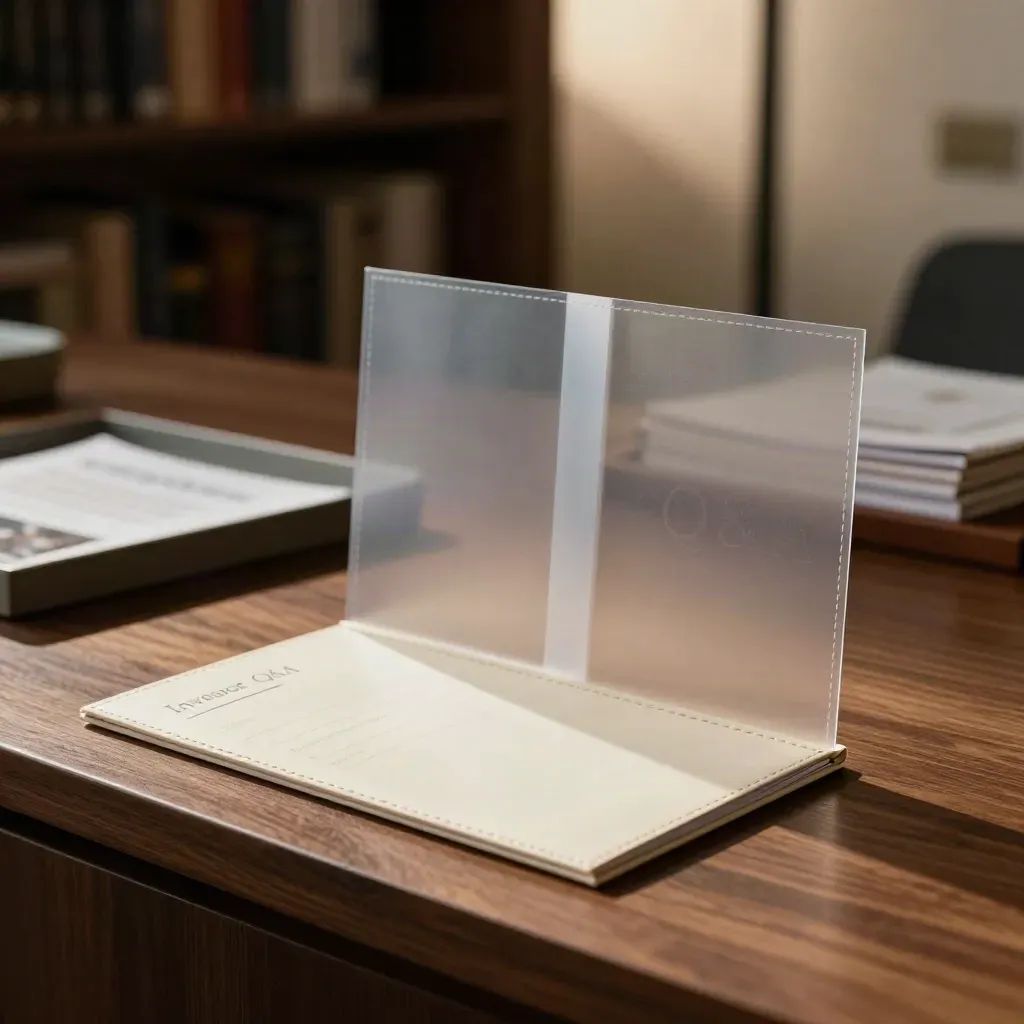 Investor Q&A pack with booklet and translucent sleeves on a walnut ledge in soft light